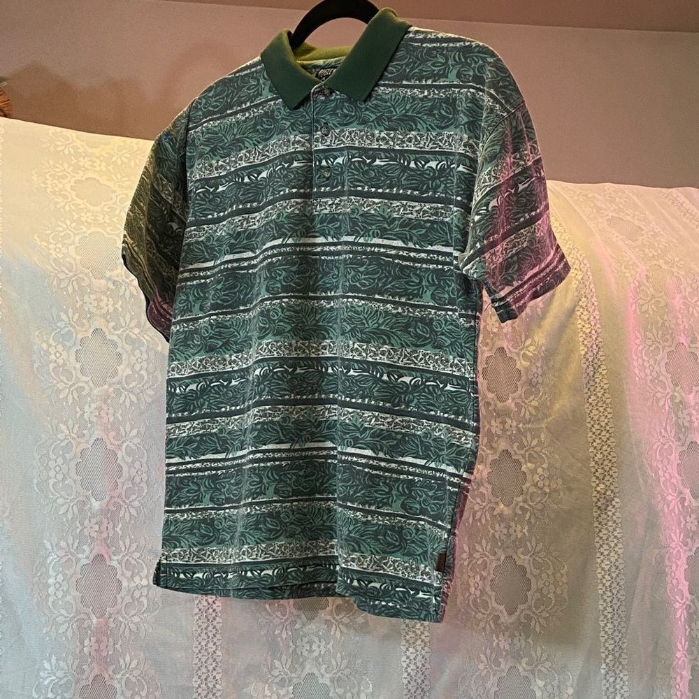 VTG,Bugle Boy Green Patterned Polo Shirt Size XL